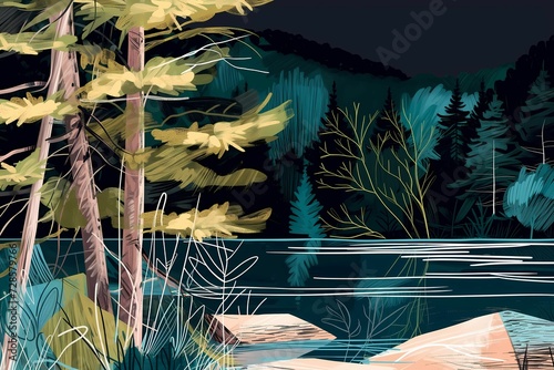 Moonlit Serenity: Dark Teal and Light Black Forest Illustration, Perfect for Lively Nature Studies