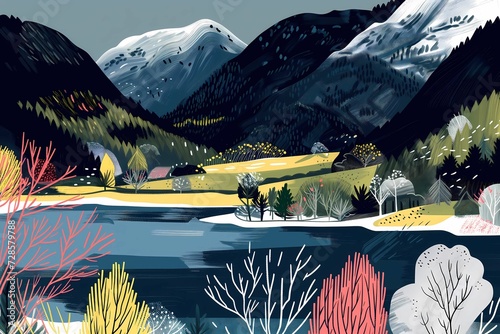 Mountains and Rivers: Dark Teal and Light Black Forest Illustration, Perfect for Lively Nature Studies and Editorial Narratives