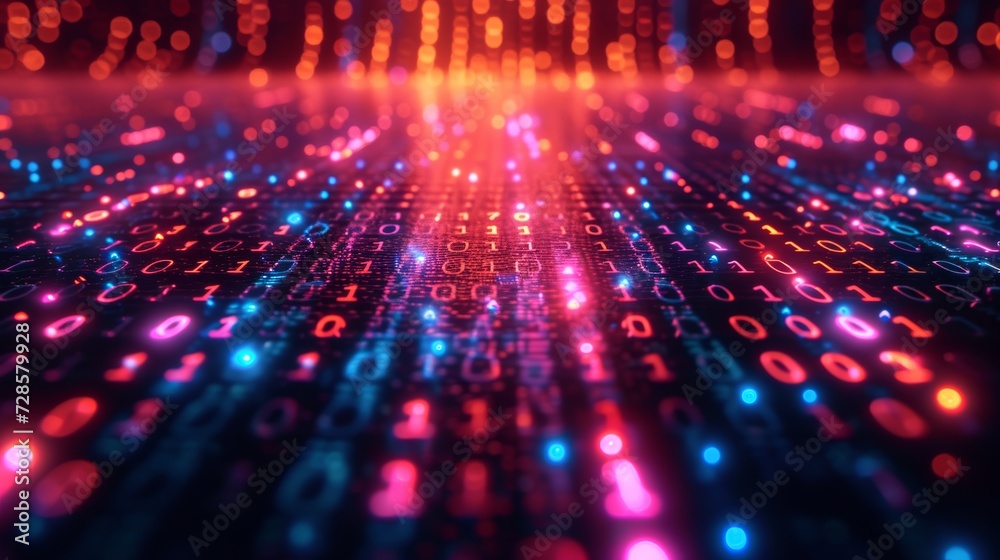 A neon-lit grid of binary code, encoding the language of the digital age A neon-lit grid of binary code, encoding the language of the digital age
