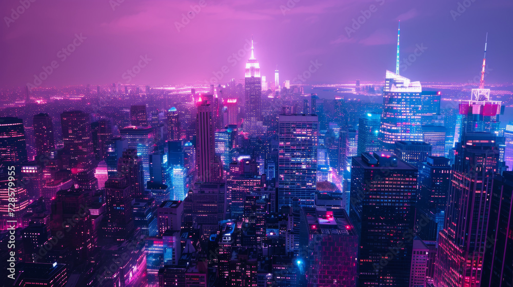 A neon-lit cityscape at night, blending the future with urban elegance
