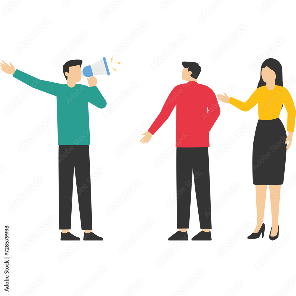 giant businessman manager using a megaphone to command employees, dominant leader, a bossy manager using authority power to command and control employees to work, contrast and conflict management conc