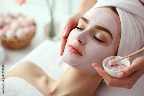 In a moment of tranquility, hands delicately apply an organic facial masque during a spa treatment, promoting relaxation and revitalization. photo