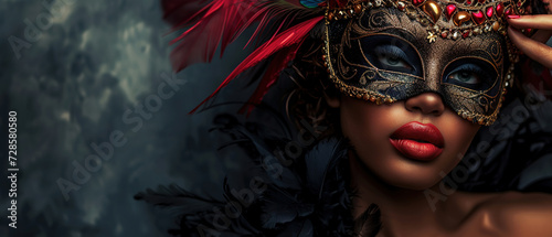 elegante wallpaper of a exotic beautiful Woman, topmodel, mask and stones carnival in Rio, carneval concept, with empty copy space