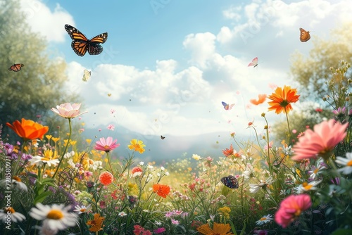 A mesmerizing scene of delicate butterflies dancing amidst a colorful field of flowers, with the vast sky above and the gentle touch of nature's pollinators at play