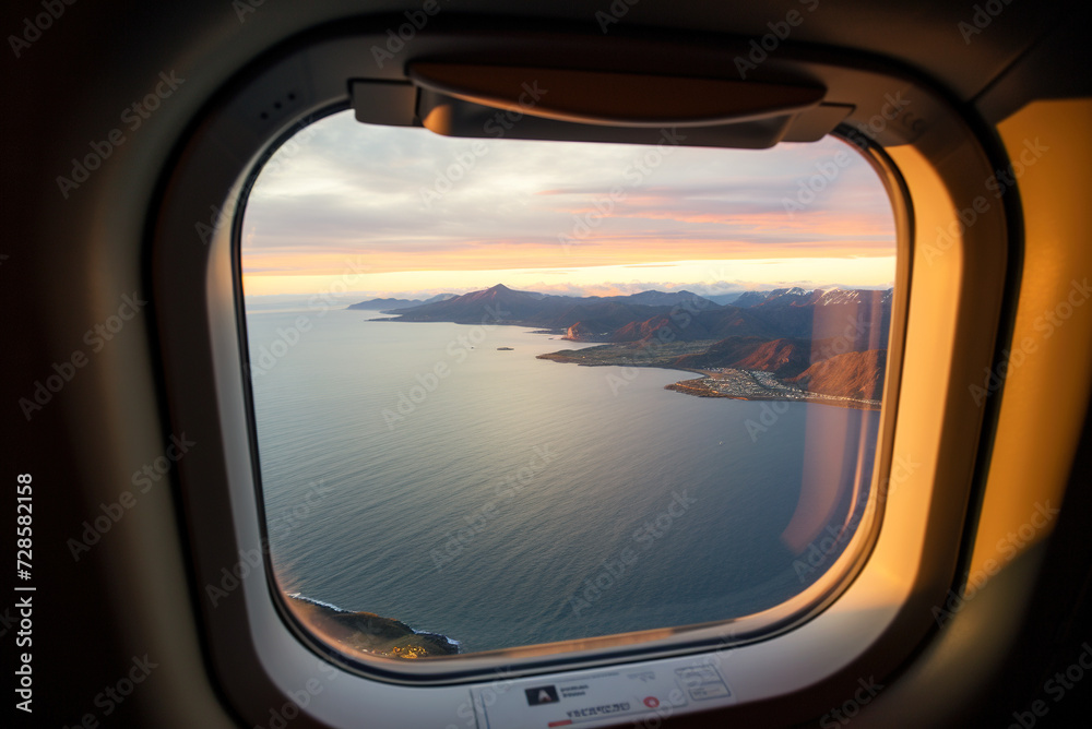 View from an airplane window, from an airplane cabin. View from an airplane window, from an airplane cabin.