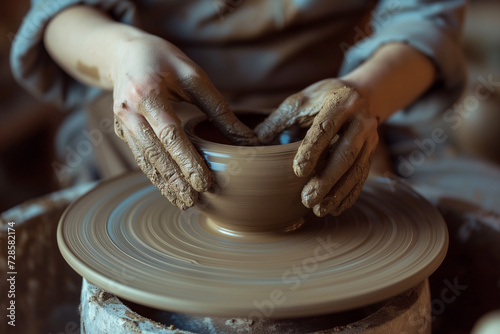 Craftsman hands making pottery bowl. Woman working on potter wheel