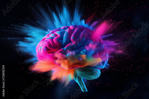 a human brain in a colorful, dynamic pigment or powder explosion, creativity or creative idea concept