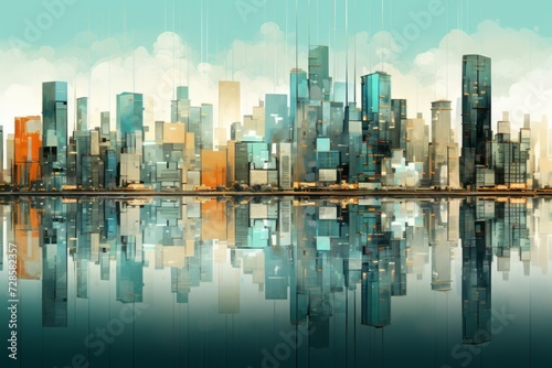 Painting of a City Skyline With a Lake in Front