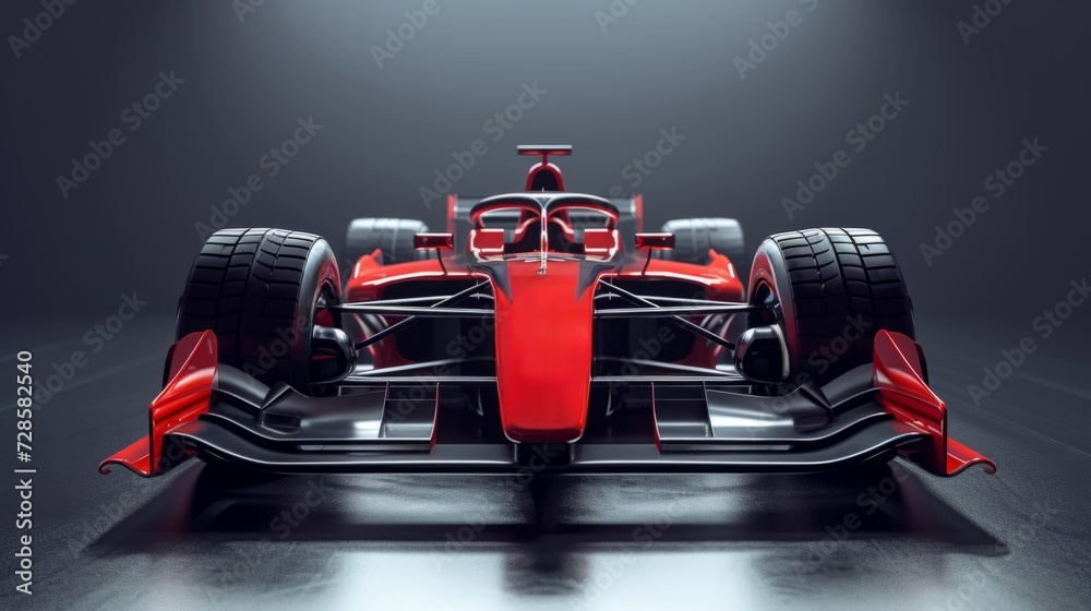 Red formula race car against gray background. Marketing materials for a high-performance racing brand.