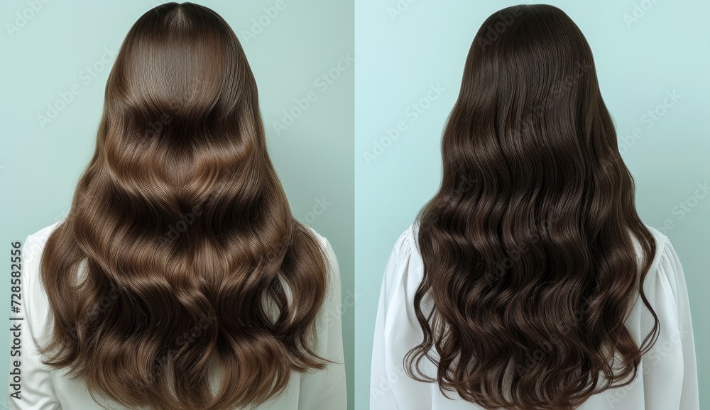 Fototapeta premium Witness the dramatic change as a young blonde undergoes a hair color and cut transformation at a beauty salon, revealing her radiant new look.