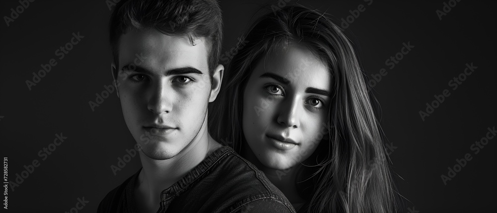 A black-and-white studio photography of a lovely young couple. A black-and-white studio photography of a lovely young couple.