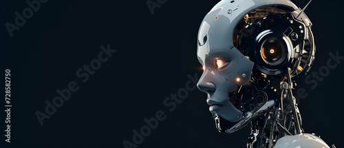 A photorealistic studio portrait of a humanoid cyborg robot on black background.