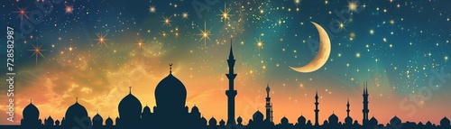 Illustration featuring a crescent moon in the night sky above a mosque, background image, generative AI photo