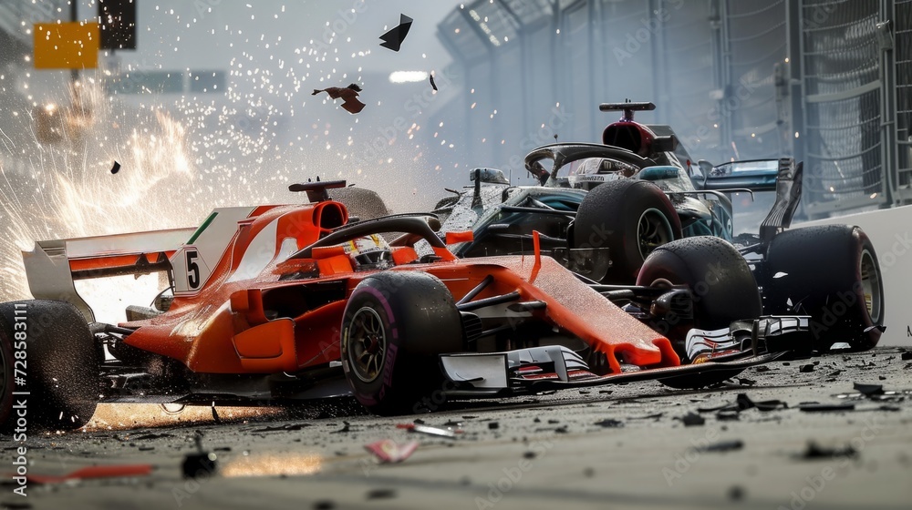 A dramatic scene of formula car crashing with debris flying during competition event. Dangerous sport