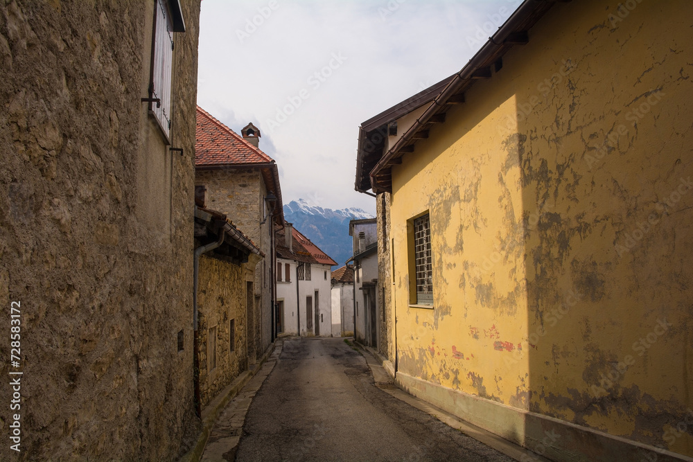 A street in the village of Trava in Lauco district, Udine Province, Friuli-Venezia Giulia, north east Italy