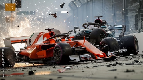 A dramatic scene of formula car crashing with debris flying during competition event. Dangerous sport