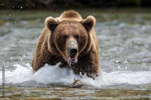 A majestic grizzly bear navigates the glistening river, eagerly catching fish as it basks in the beauty of the great outdoors