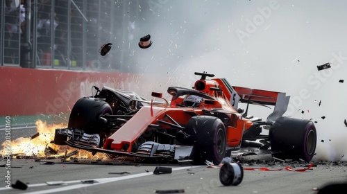 A dramatic scene of formula car crashing with debris flying during competition event. Dangerous sport © master1305