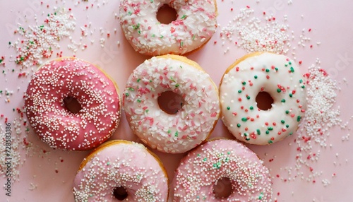 Tasty donuts with sprinkles on pink. Homemade sweets. Flat lay, top view.