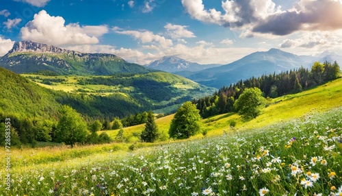 idyllic mountain landscape with fresh green meadows and blooming wildflowers idyllic nature countryside view rural outdoor natural view idyllic banner nature panoramic spring summer scenery