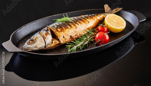 mackerel cooked in a grill served in a black frying pan on a black background with reflection
