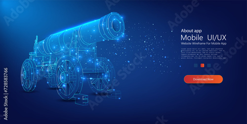 A captivating digital art piece featuring a cannon depicted in a modern polygonal wireframe design, glowing on a deep blue background. Ramadan Cannon in low poly style. Vector illustration