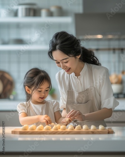 Woman and Little Girl Standing in Front of Cutting Board