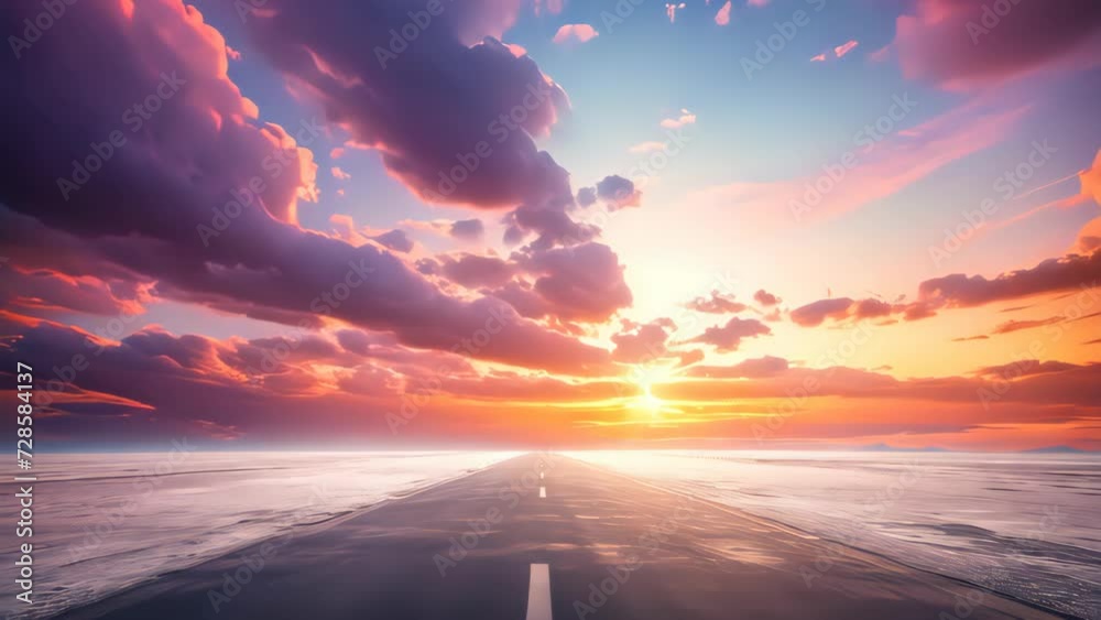 Empty road with beautiful sunset sky abstract background. Travel vacation and freedom concept. Generative ai.	
