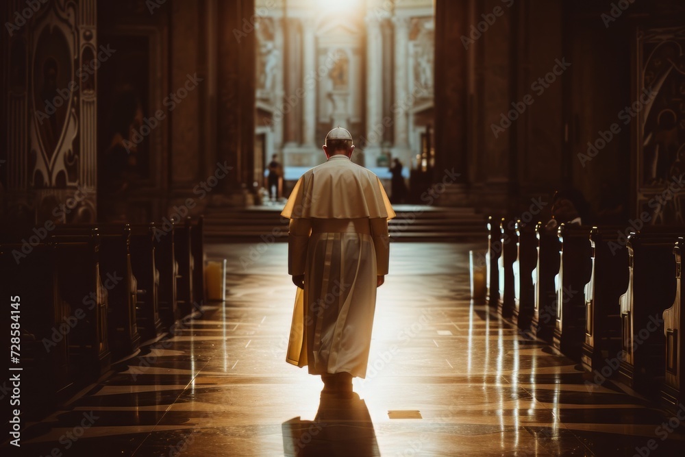 A Man in a Priests Robes Walking Down a Church Aisle