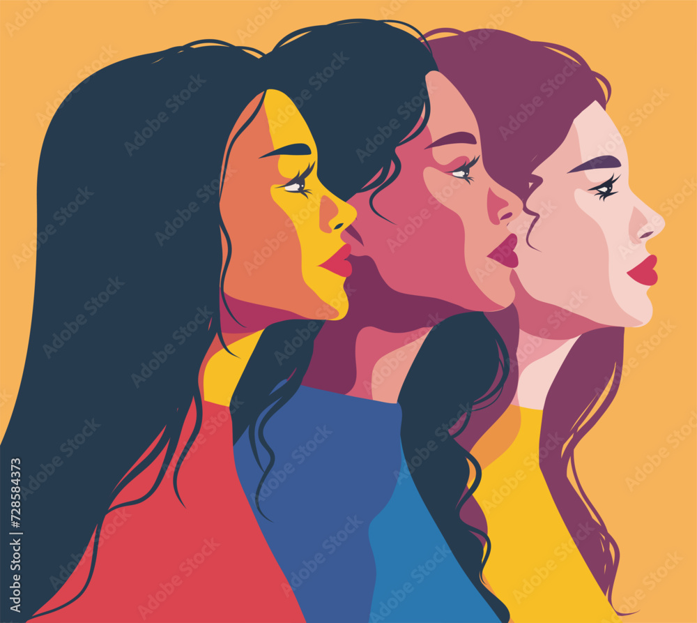 Women stand side by side, different cultures and nationalities. Multi-ethnic women. Vector concept of movement for gender equality and women's empowerment. Bright portrait trend