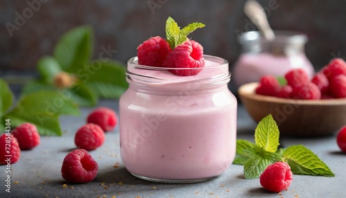 Delicious pink yogurt or pudding with fresh raspberries in glass jar. Sweet and tasty dessert.