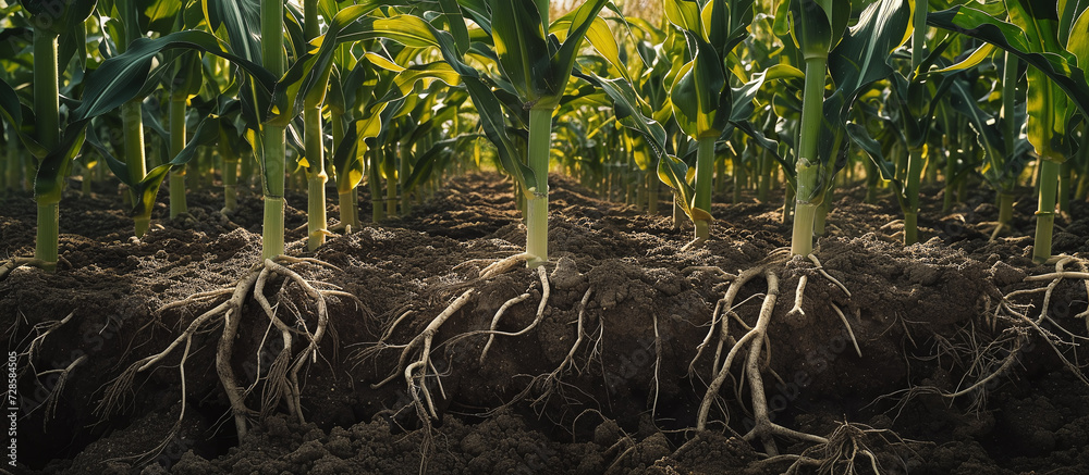 Obraz premium Detailed network of corn roots in the ground on a field