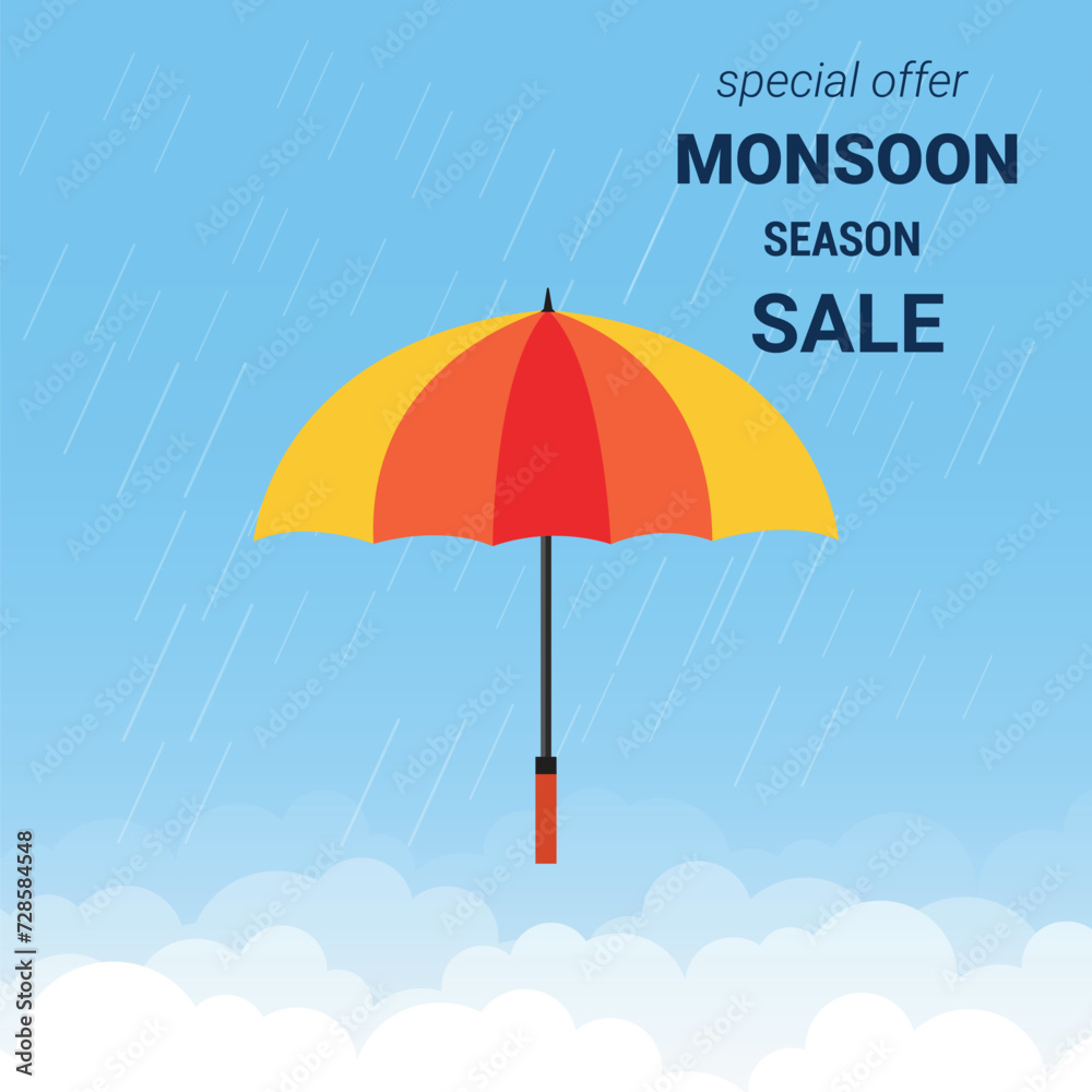 colorful umbrella with monsoon cloud white background illustration