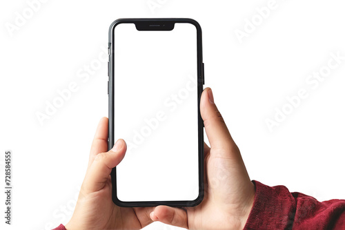 A child's hand holds a black smartphone with a blank screen and a modern frameless design. PNG.