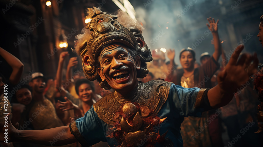 Barong dancer. A vibrant capture of a Barong dancer in traditional costume during a cultural festival in Bali, Indonesia, showcasing expressive cultural art. - obrazy, fototapety, plakaty 