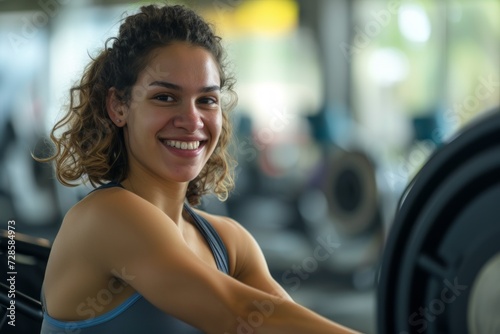 Woman Smiling While Working Out With a Barbell