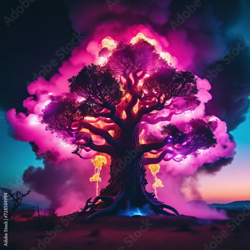 Big tree in the forest with smoke and fire. 3d illustration