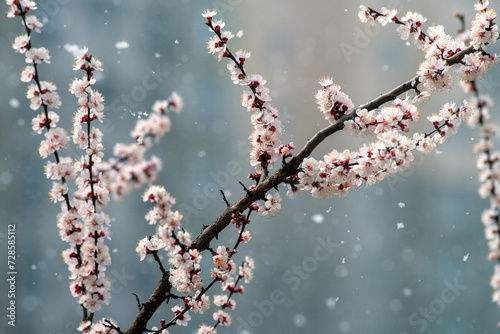 Snowflakes fly near the blossoming branches of an apricot tree. Selective focus.