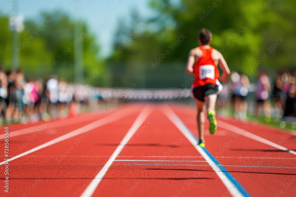 Male runner sprinting towards the finish line at a track event with and blurred audience