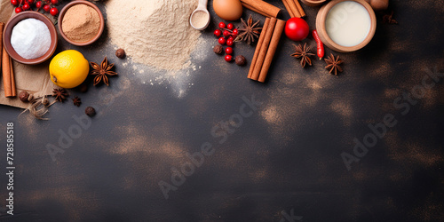 Top view. Photorealistic image. Ingredients for baking on a black background. photo