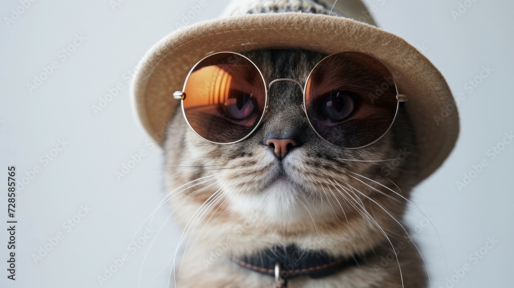  A fat cat wearing Oversized sunglasses and hat is smiling. clean white background.