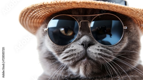  A fat cat wearing Oversized sunglasses and hat is smiling. clean white background. photo