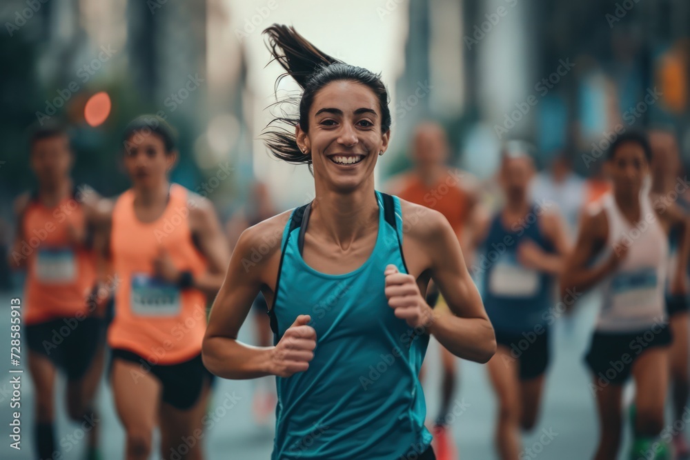 Smiling female runner leading a marathon race, surrounded by fellow runners