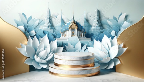 Thai style marble pedestal surrounded by lotus flowers The background is a pastel blue wall. Create a Thai cultural atmosphere on Songkran and Loy Krathong days photo