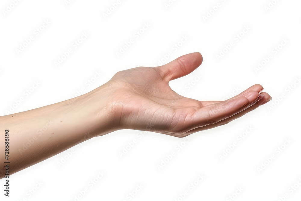 Woman hand shows open palm isolated on white background, with clipping path. Five fingers. Full Depth of field. Focus stacking. Generative AI Woman hand shows open palm isolated on white background, with clipping path. Five fingers. Full Depth of field. Focus stacking. Generative AI