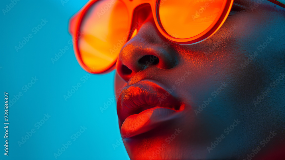 Close-up portrait of young black woman wearing trendy sunglasses with reflection of setting sun against blue evening sky. Fashion portrait. Copy space for text.