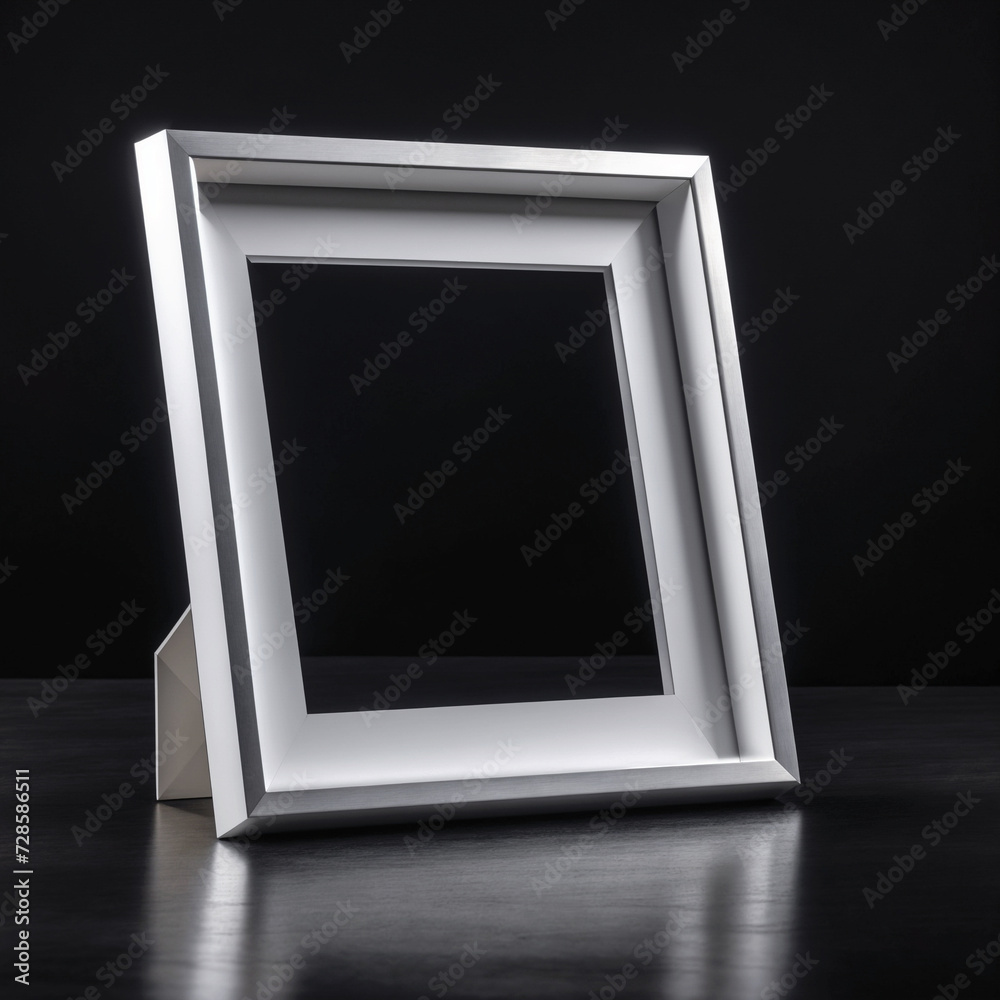A silver picture frame is hanging on a black wall . ai generative