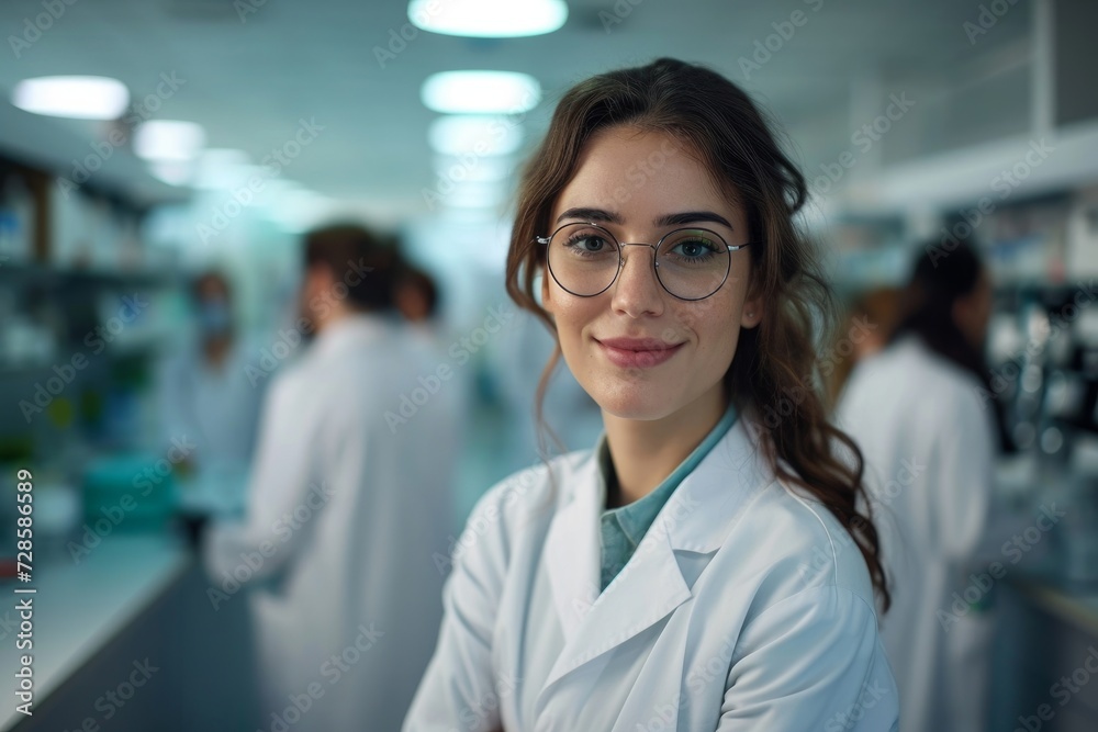 Beautiful young woman scientist wearing white coat and glasses in modern Medical Science Laboratory with Team of Specialists on background, Generative AI Beautiful young woman scientist wearing white coat and glasses in modern Medical Science Laboratory with Team of Specialists on background, Generative AI