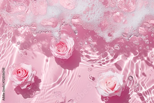Top view of pink white clear calm water surface. Texture with splashes and bubbles and podium for cosmetics product. Trendy abstract summer nature cosmetic, Generative AI