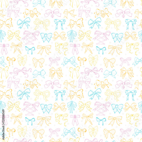 Seamless pattern featuring hand-drawn doodle bow ties in various styles and shapes in bright colors on white. Suiitable for stylish and elegant textile or paper designs.